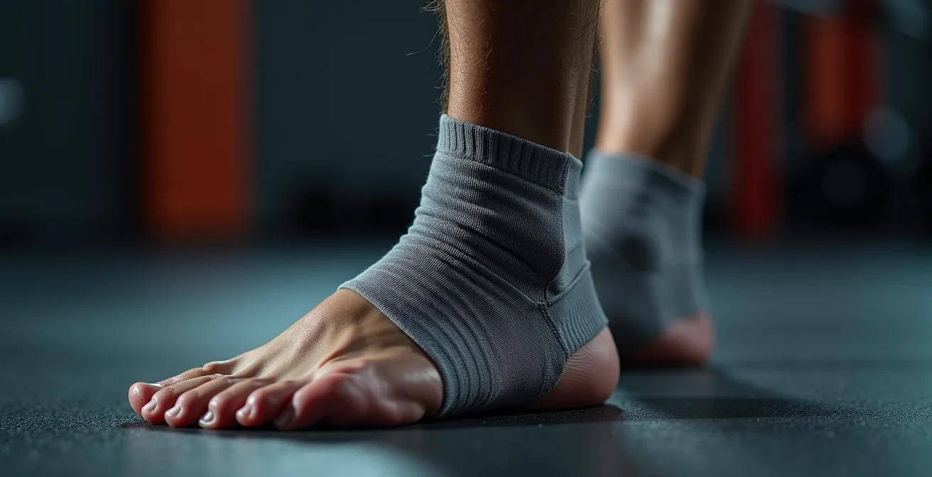 Close-up macro shot of an athletic foot performing a calf raise, highlighting the engagement of the Achilles tendon.