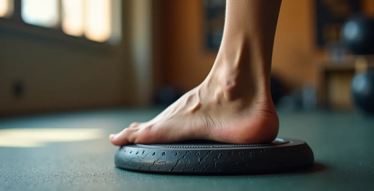 Close-up of athlete's foot on textured balance disc showing ankle engagement