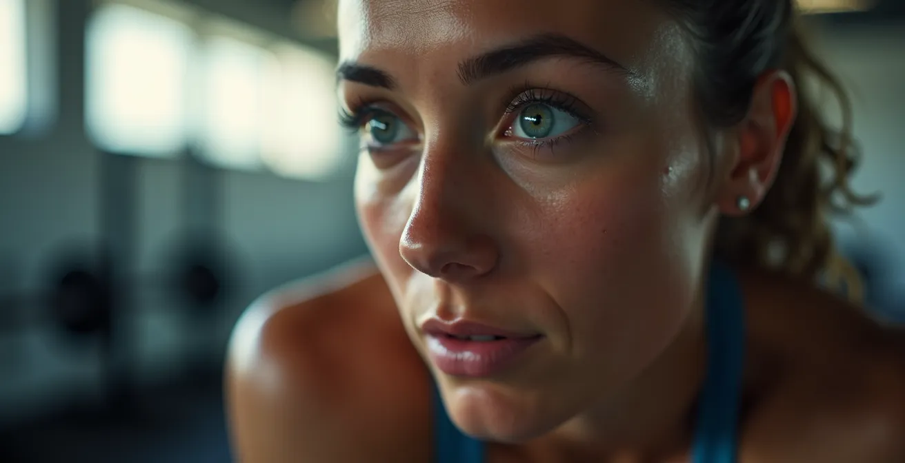 Wide shot of athlete performing hip flexor stretch during rest period in training space