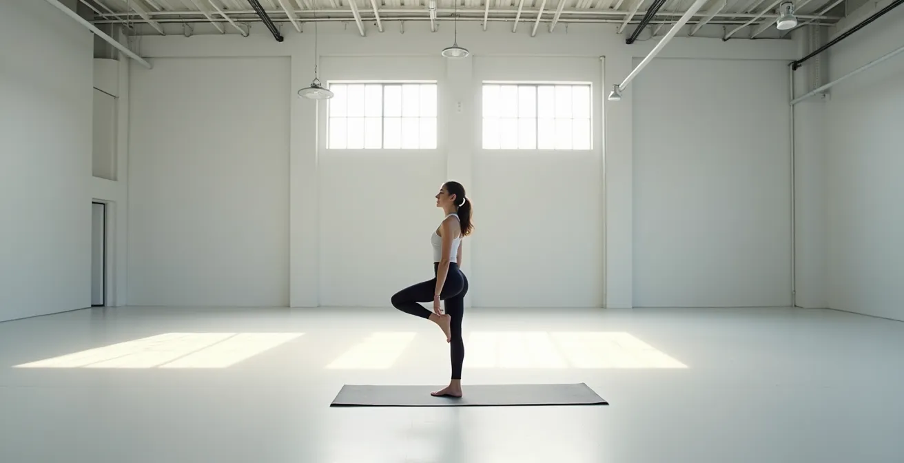 Solo athlete performing balance exercise with focused concentration