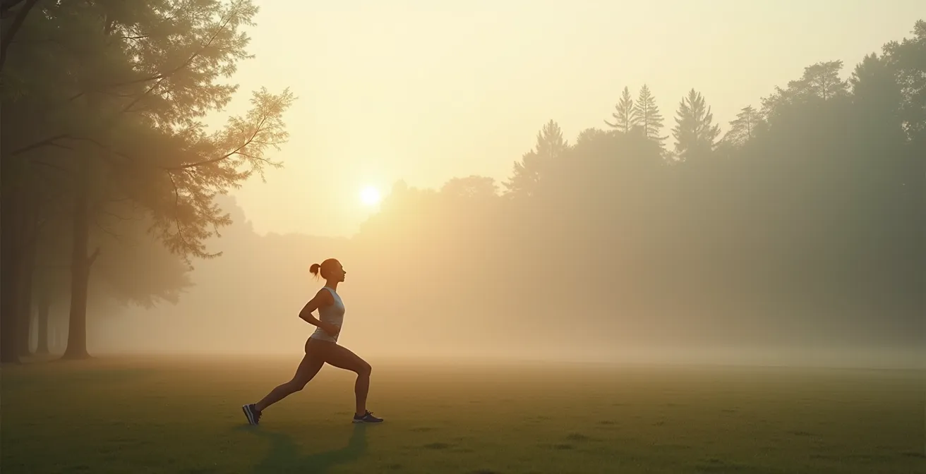 Athlete performing gentle recovery stretches in peaceful morning setting