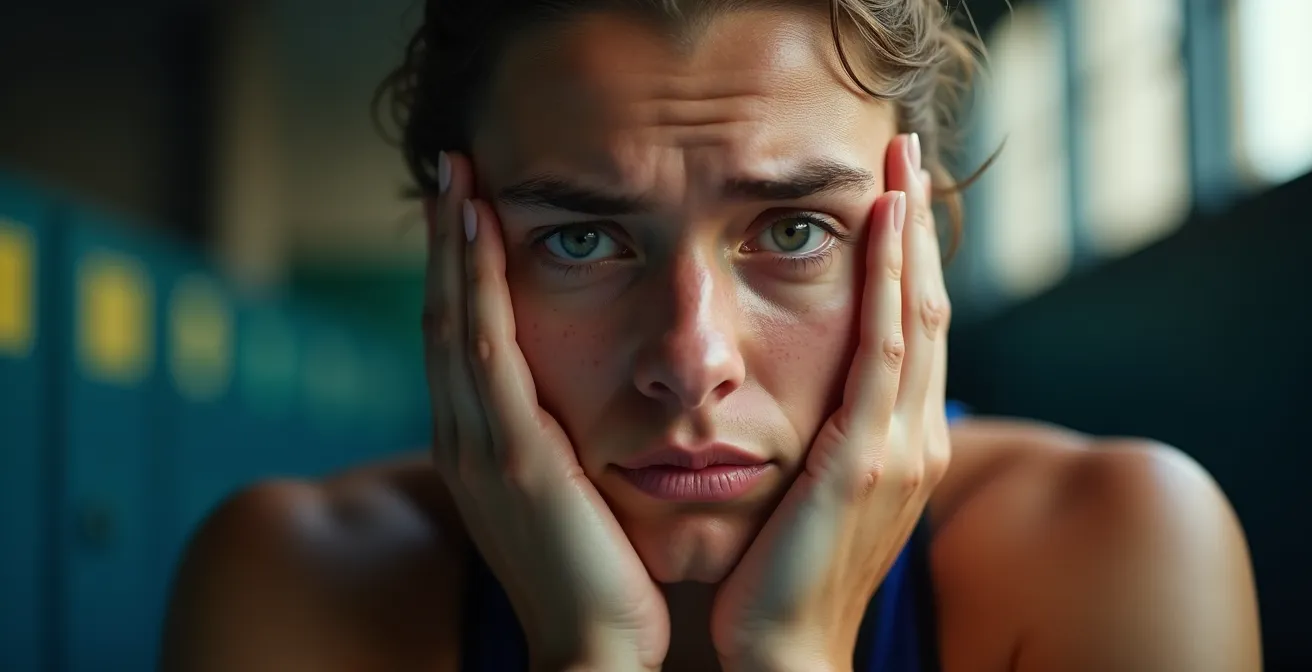 Close-up portrait of athlete showing mental exhaustion and decision fatigue