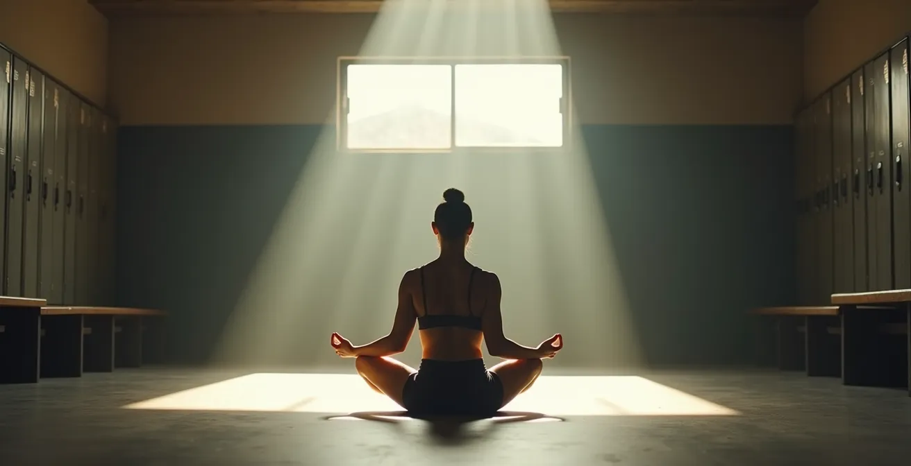Athlete in quiet meditation space preparing mentally before competition