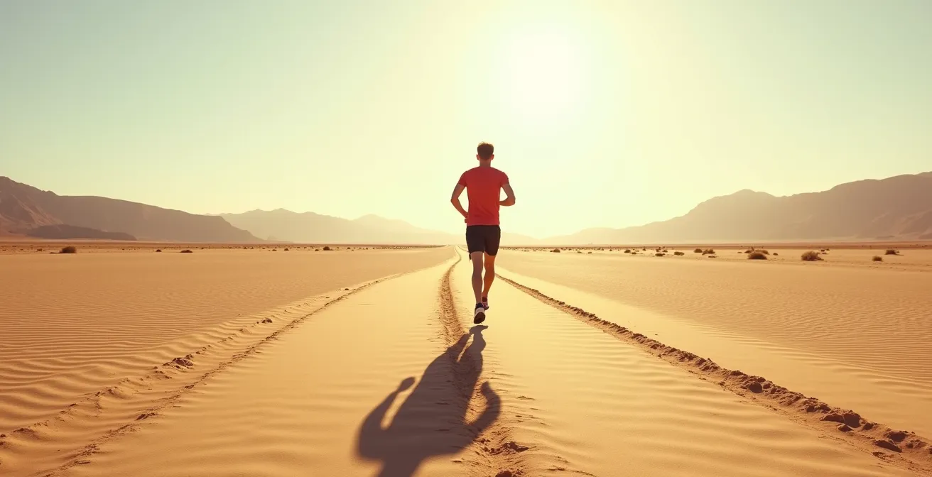 Athletic figure's shadow splitting into multiple directional paths at crossroads