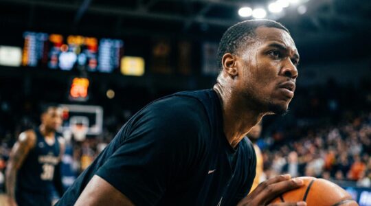 Professional athlete in mid-motion demonstrating intense focus during critical moment