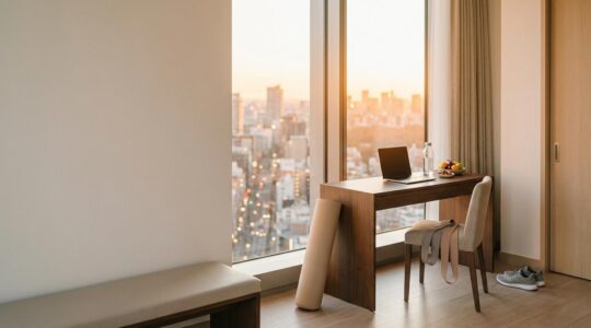 Business traveler maintaining healthy routine with laptop and exercise equipment in hotel room