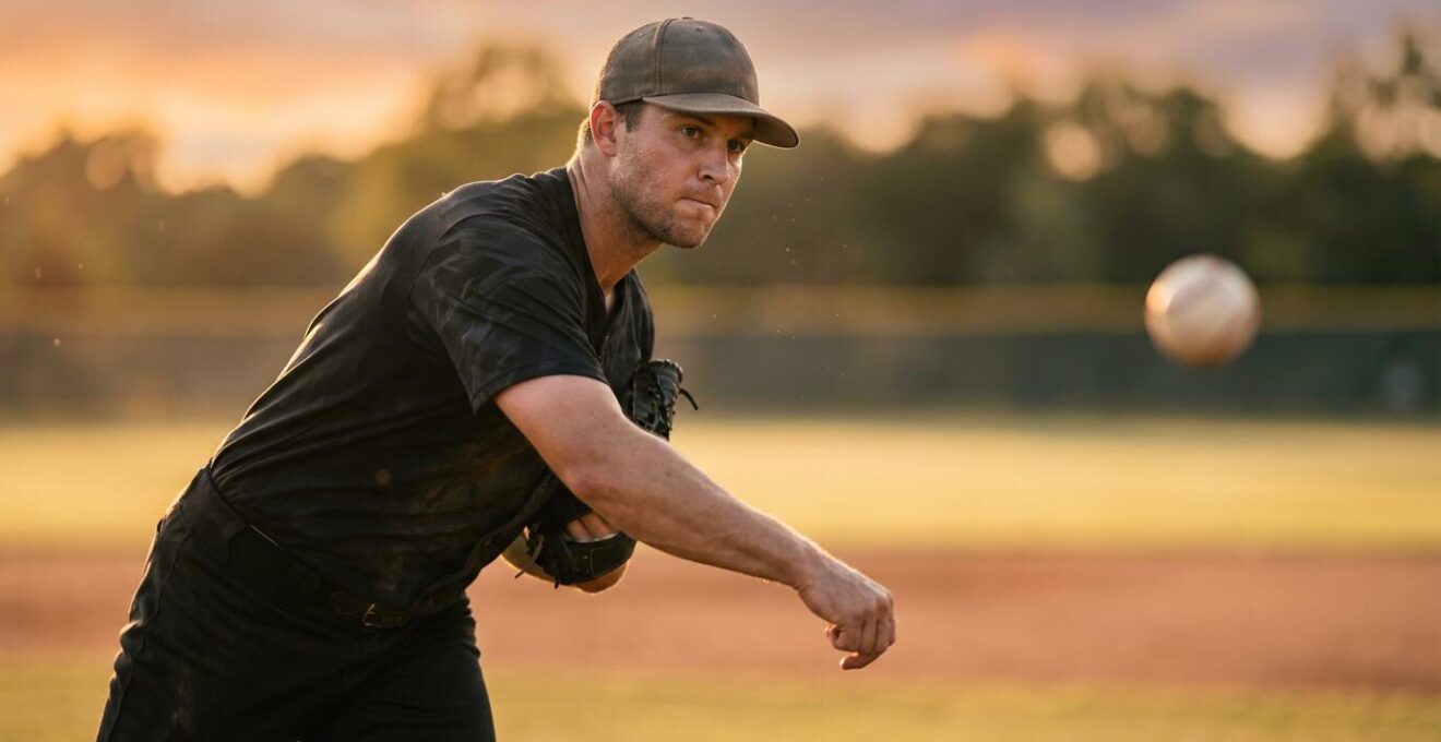 Baseball pitcher at release point demonstrating optimal shoulder mechanics to protect rotator cuff