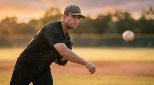 Baseball pitcher at release point demonstrating optimal shoulder mechanics to protect rotator cuff