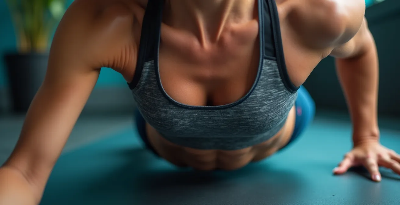 Close-up demonstration of proper breathing technique during plank exercise