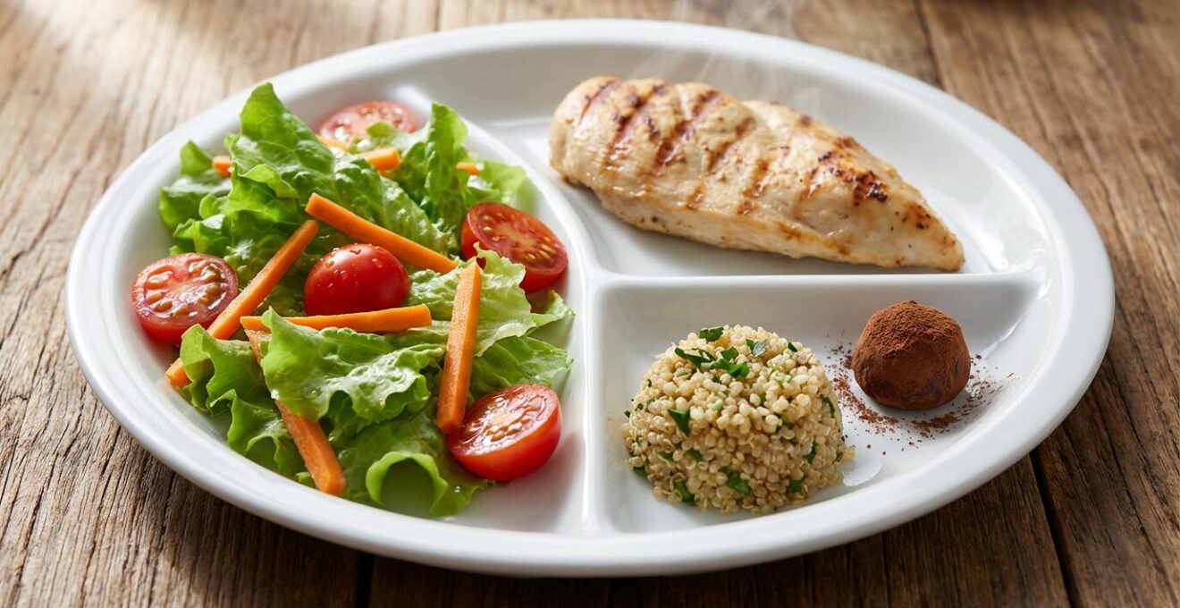 Aerial view of a perfectly portioned plate showing vegetables, protein, and minimal carbs