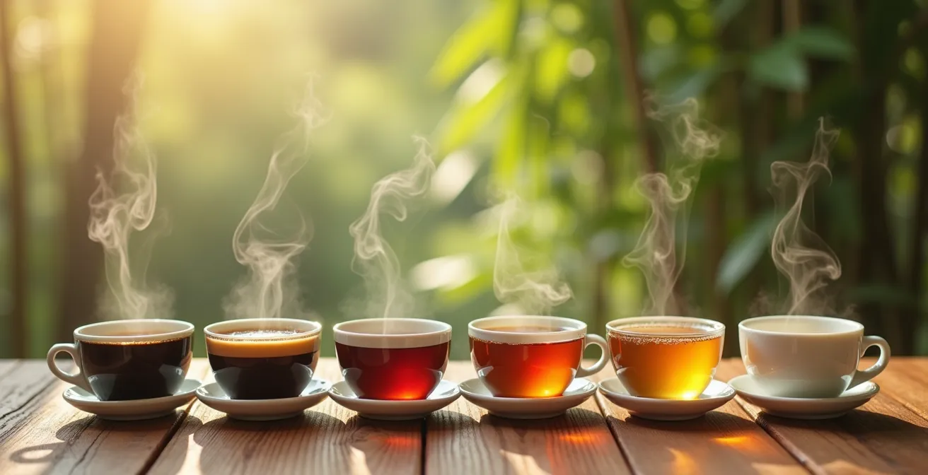Gradual transition from coffee cups to herbal tea in a serene setting, symbolizing retreat preparation.