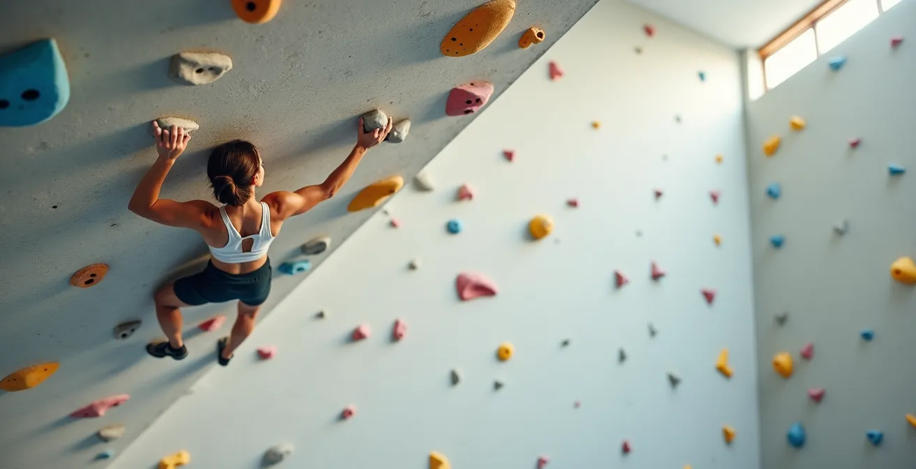 Climber demonstrating efficient rest position with straight arms on an overhanging boulder problem