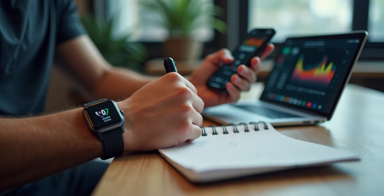 Athlete reviewing performance data on multiple tracking devices