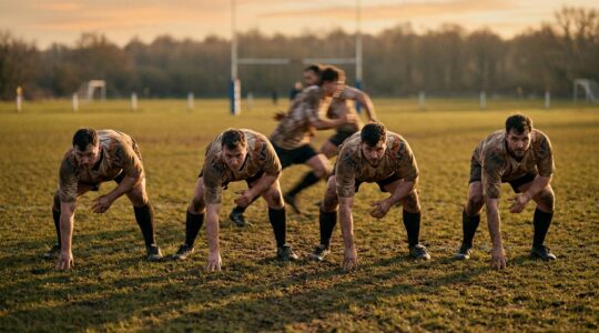 Amateur football team organizing defensive line during training session
