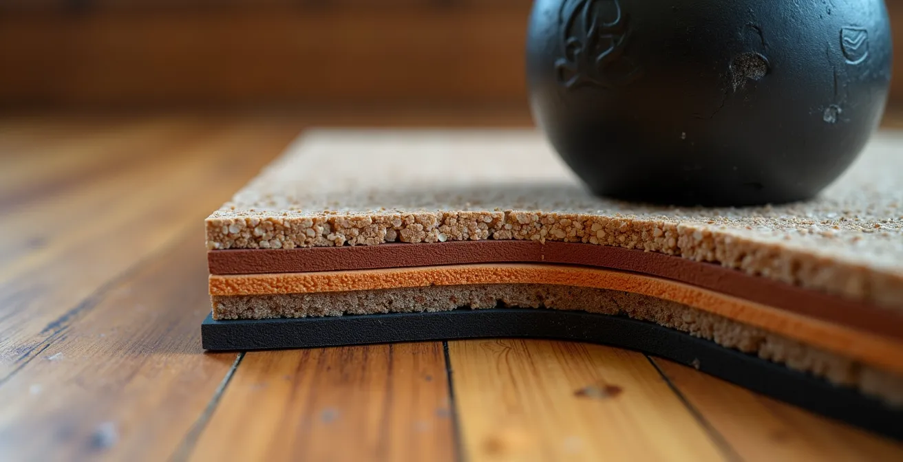 Close-up view of layered gym floor protection system with kettlebell