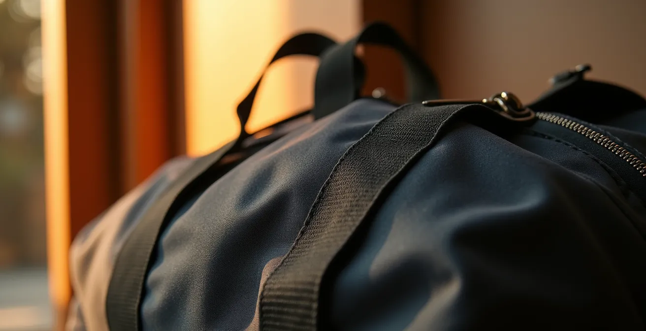 Close-up photograph of a strategically placed gym bag by an apartment door with morning light