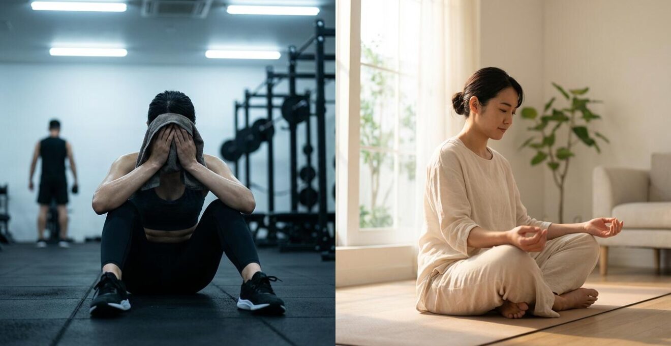 Split composition showing an exhausted person after intense workout versus someone doing gentle yoga stretches