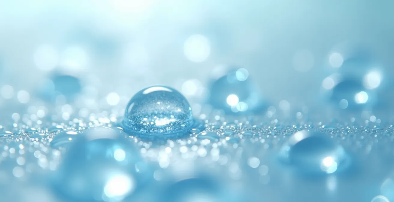 Extreme close-up macro shot of water droplets on translucent surface showing texture and light refraction