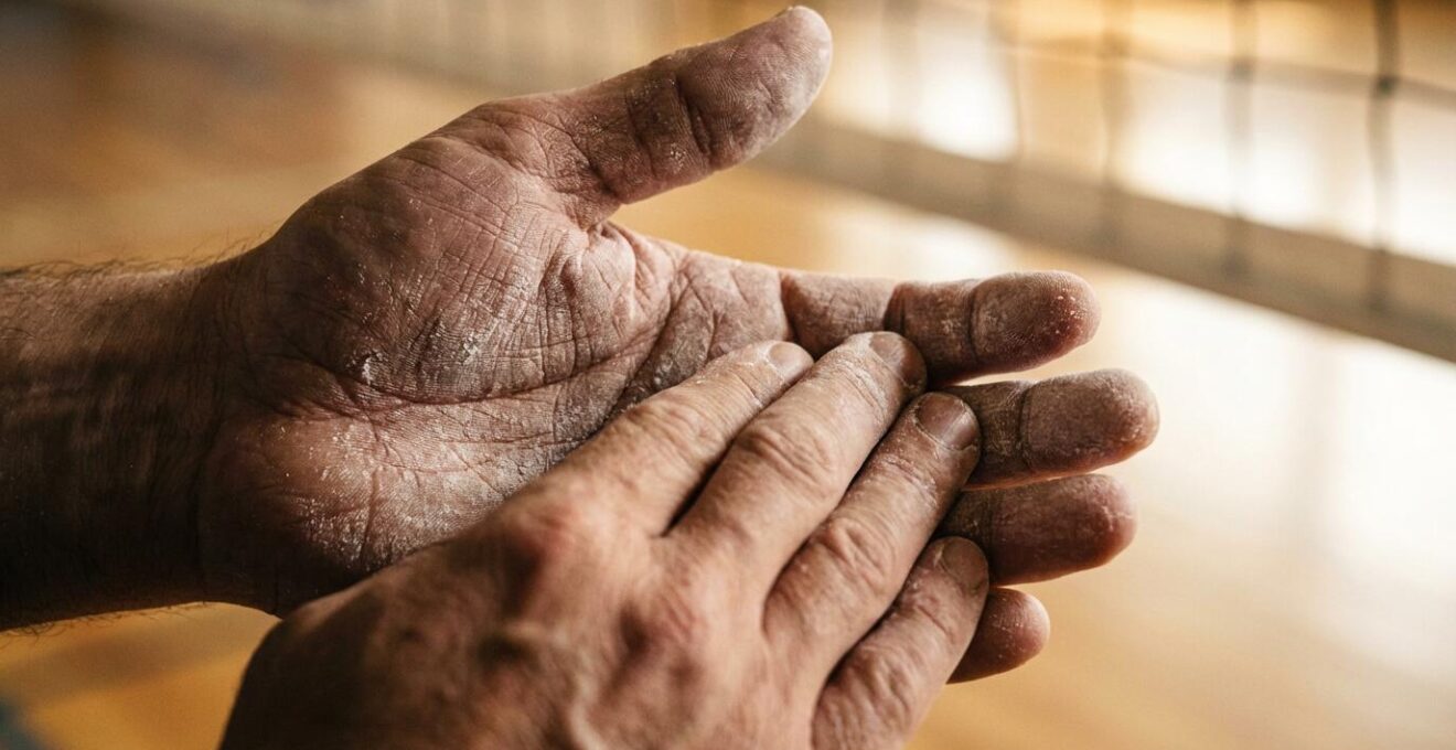 Close-up of handball player's hands demonstrating proper resin application technique