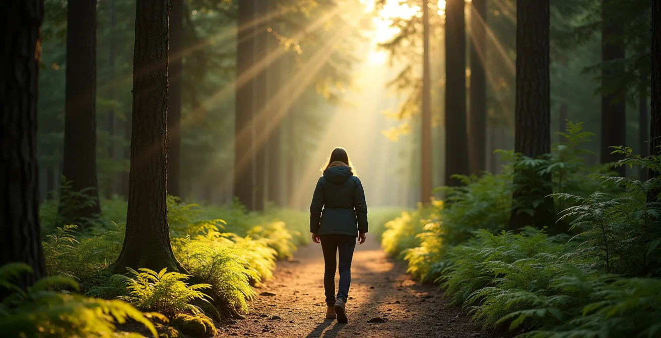 A solo hiker walks mindfully on a forest trail with dappled sunlight filtering through the tall trees.