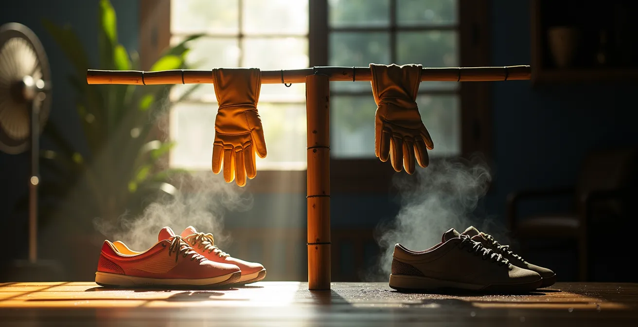 Proper equipment drying setup with a fan creating air circulation for bacteria prevention in a Muay Thai gym.