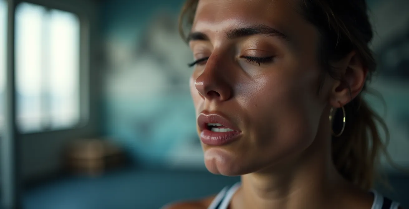 Athlete performing breath-hold training exercise with mountain visualization