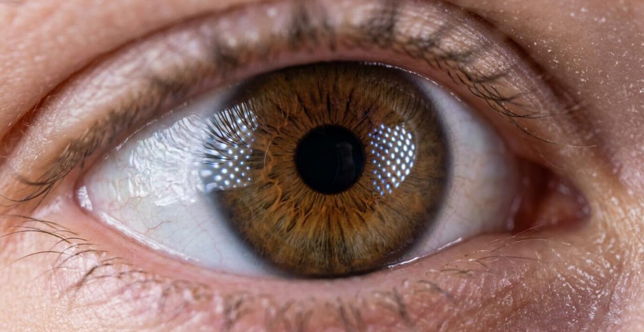 Macro close-up of athlete's eye under LED lighting showing dilated pupil and dry cornea