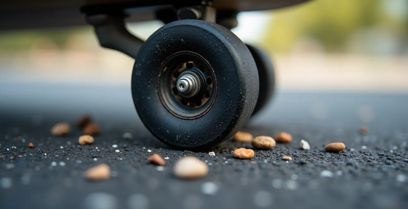 Close-up view of a skateboard wheel rolling over small debris, showing the physics of a sudden stop.