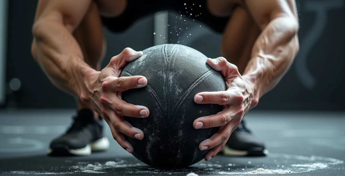 Athletic sequence showing proper medicine ball slam technique from overhead to ground impact