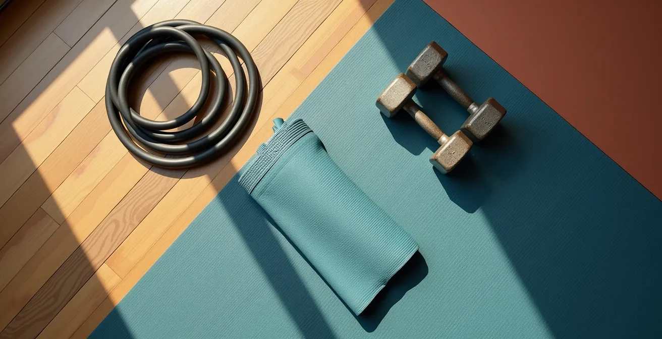 Overhead view of home gym equipment arranged by training phases