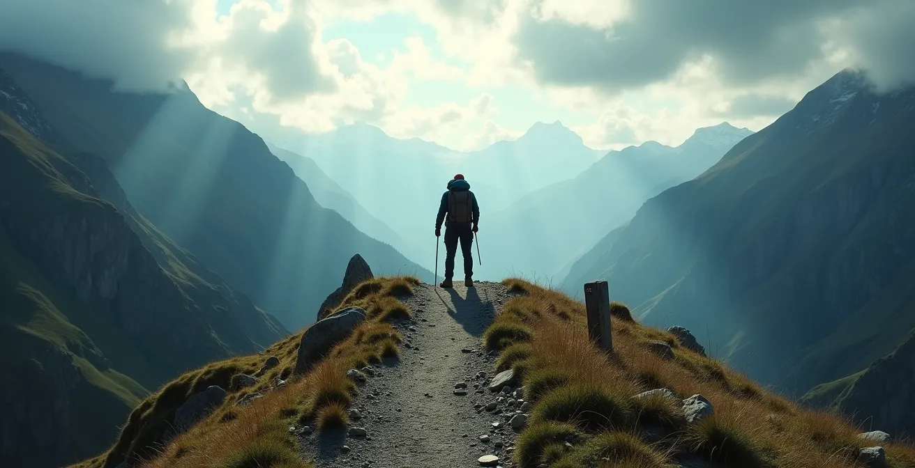 Solo trekker at mountain crossroads contemplating path choices