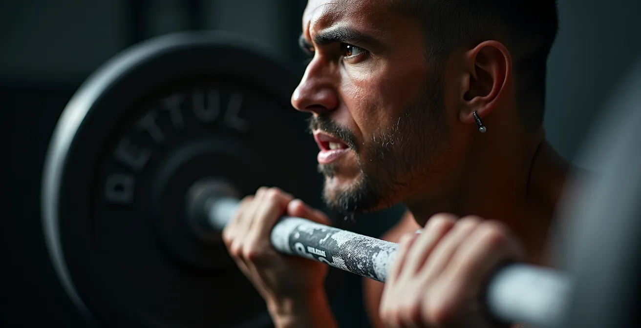 Athlete performing barbell movement with velocity measurement sensors