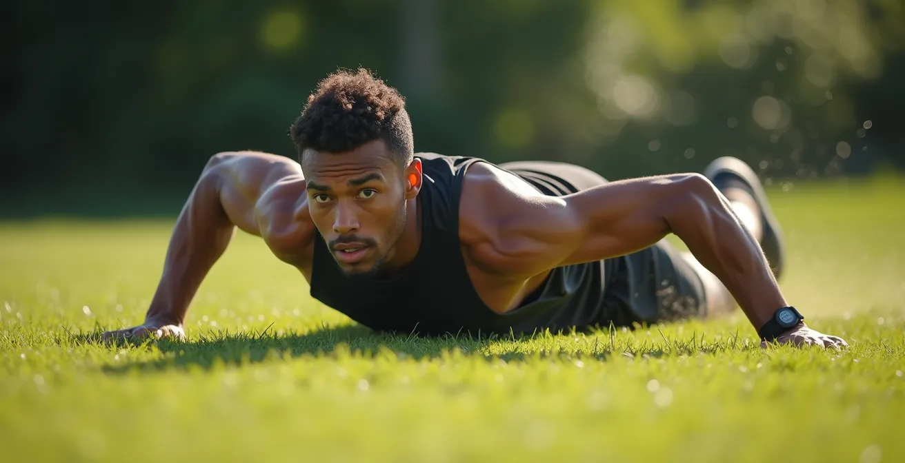 Athletic person demonstrating parkour roll technique on grass with visible diagonal rolling motion across shoulders