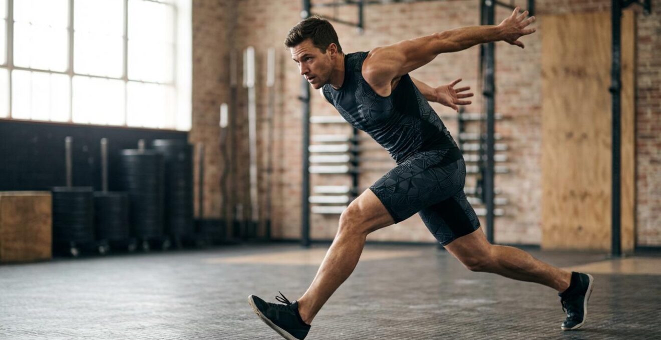 Athlete demonstrating penultimate step mechanics in jump approach