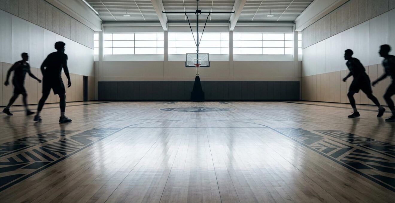 Wide-angle view of basketball court from player's perspective showing peripheral awareness