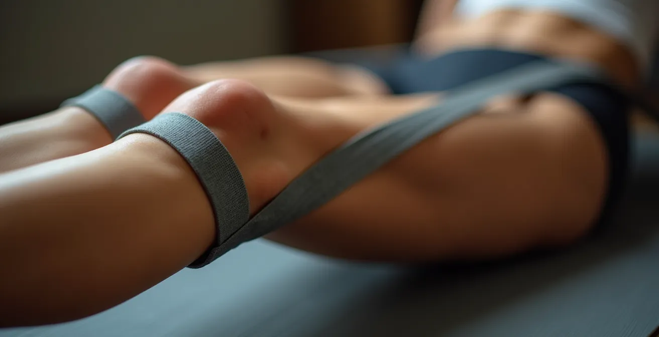 Close-up demonstration of PNF hamstring stretch technique with resistance band