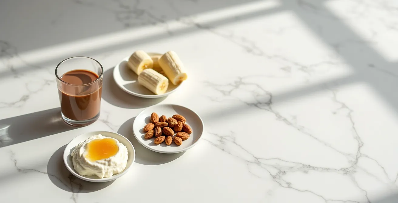 Post-rehabilitation recovery meal with protein and carbohydrate sources in natural lighting