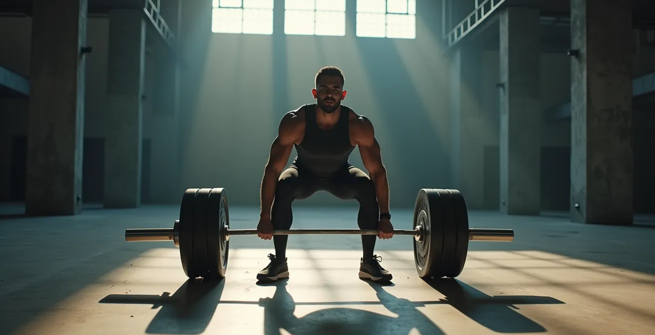 Athlete in deadlift setup position demonstrating explosive force preparation