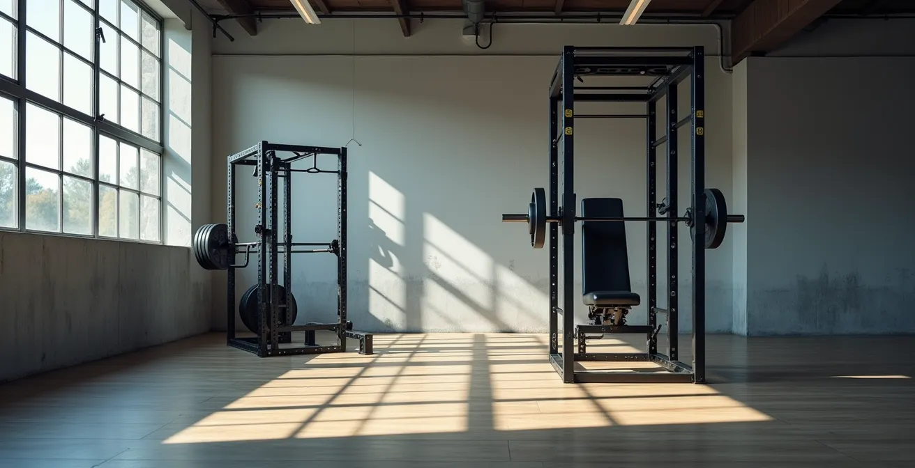 Gym setting showing leg extension machine positioned near squat rack for pre-exhaustion superset training