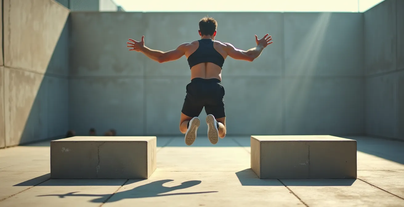 Parkour athlete in mid-precision jump between concrete platforms showing focused concentration