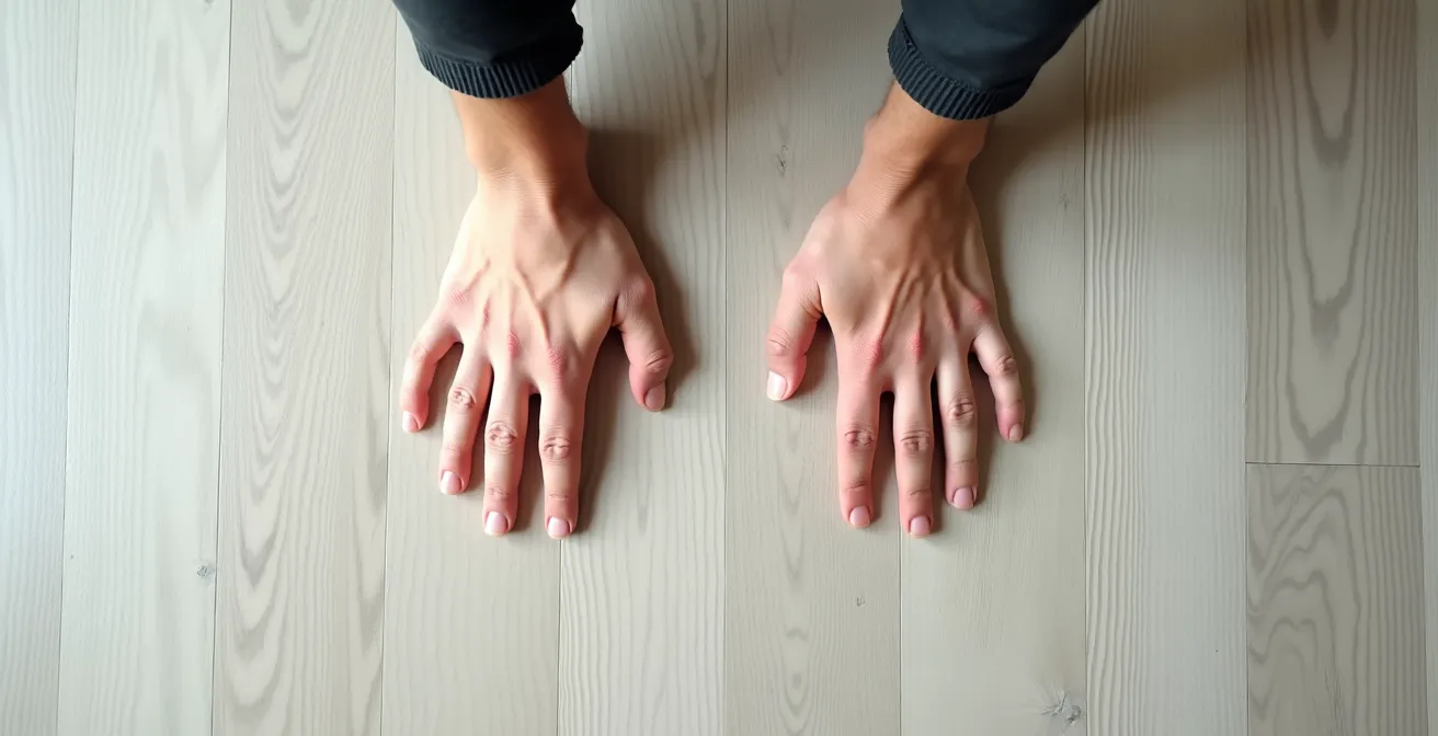 Overhead view of correct hand positioning for handstand with weight distribution visible