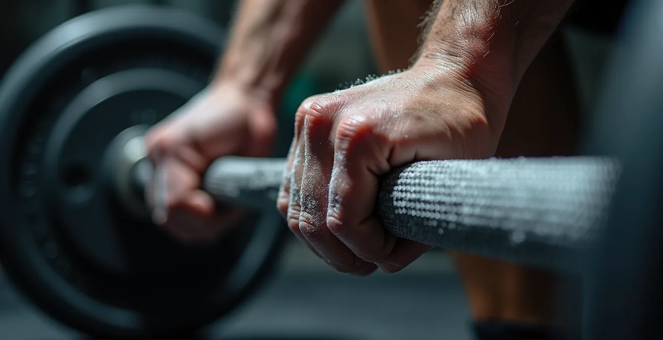 Close-up of perfect barbell deadlift technique with visible muscle engagement