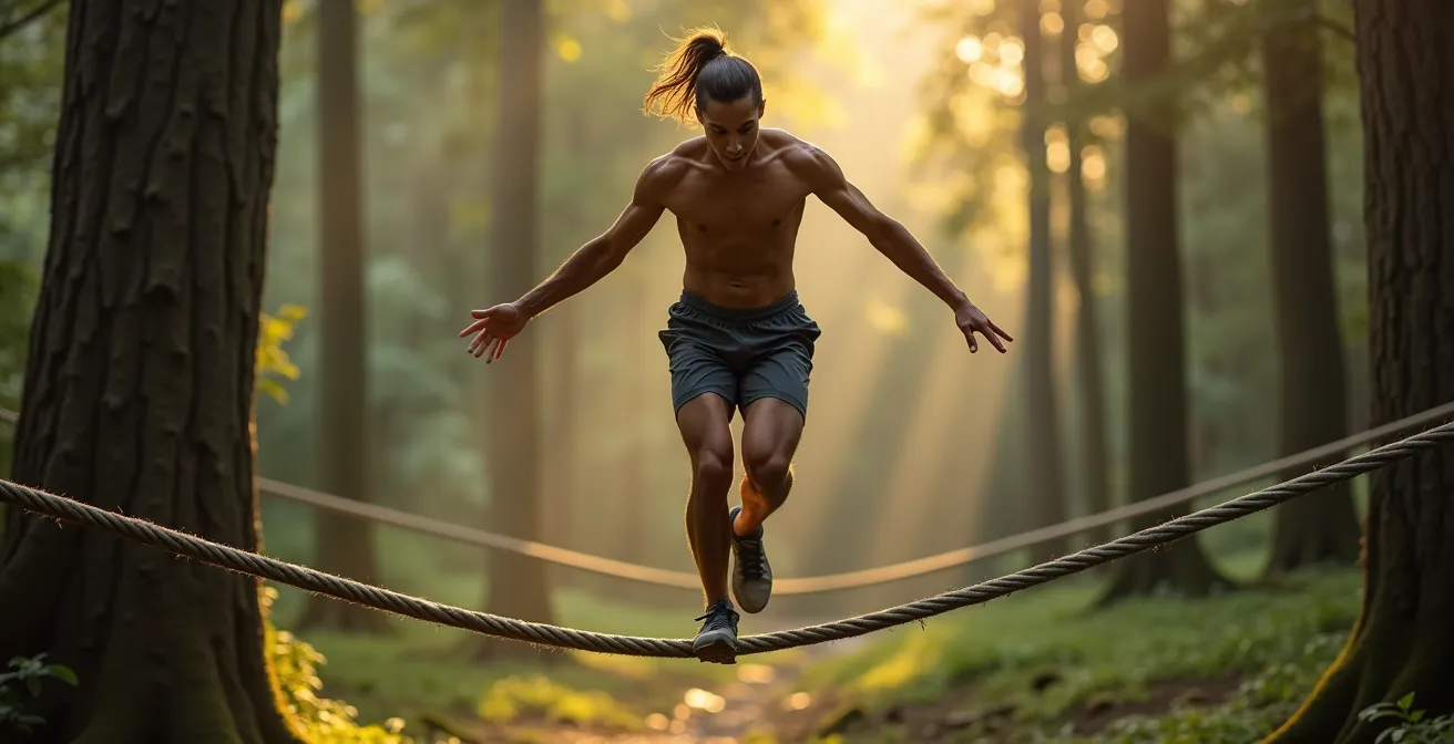 Athlete balancing on slackline with highlighted proprioceptive pathways