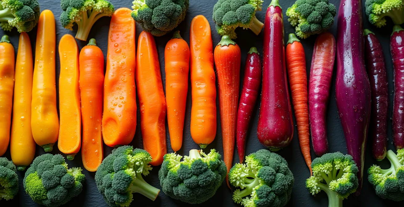 Colorful array of plant foods arranged by color groups for athletic nutrition