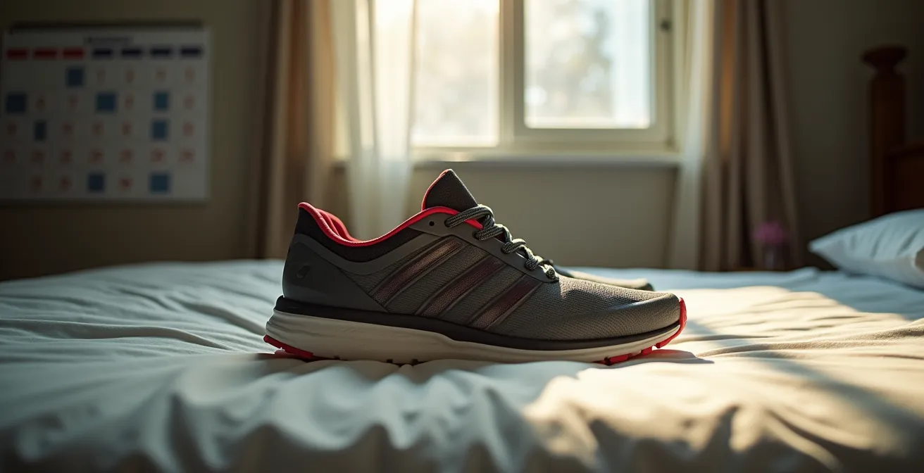 Symbolic photograph showing workout shoes positioned for the next morning after a missed session