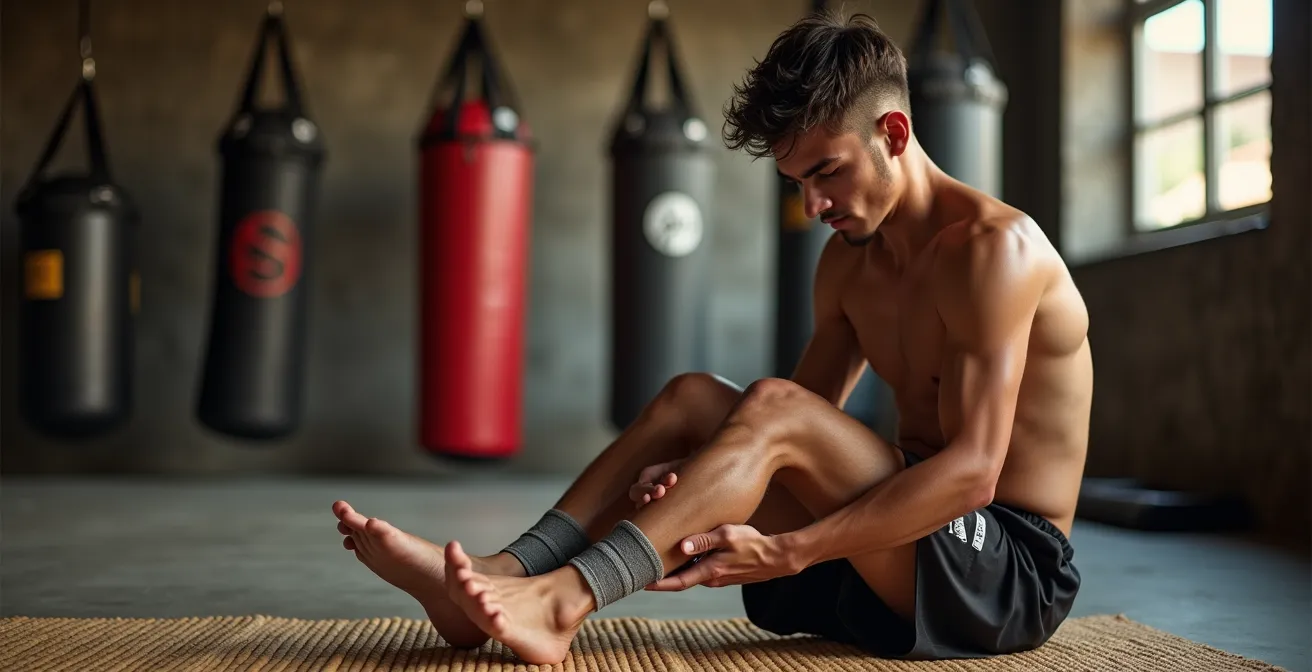 An exhausted but determined Muay Thai fighter in recovery, gently massaging a wrapped shin on a woven mat.