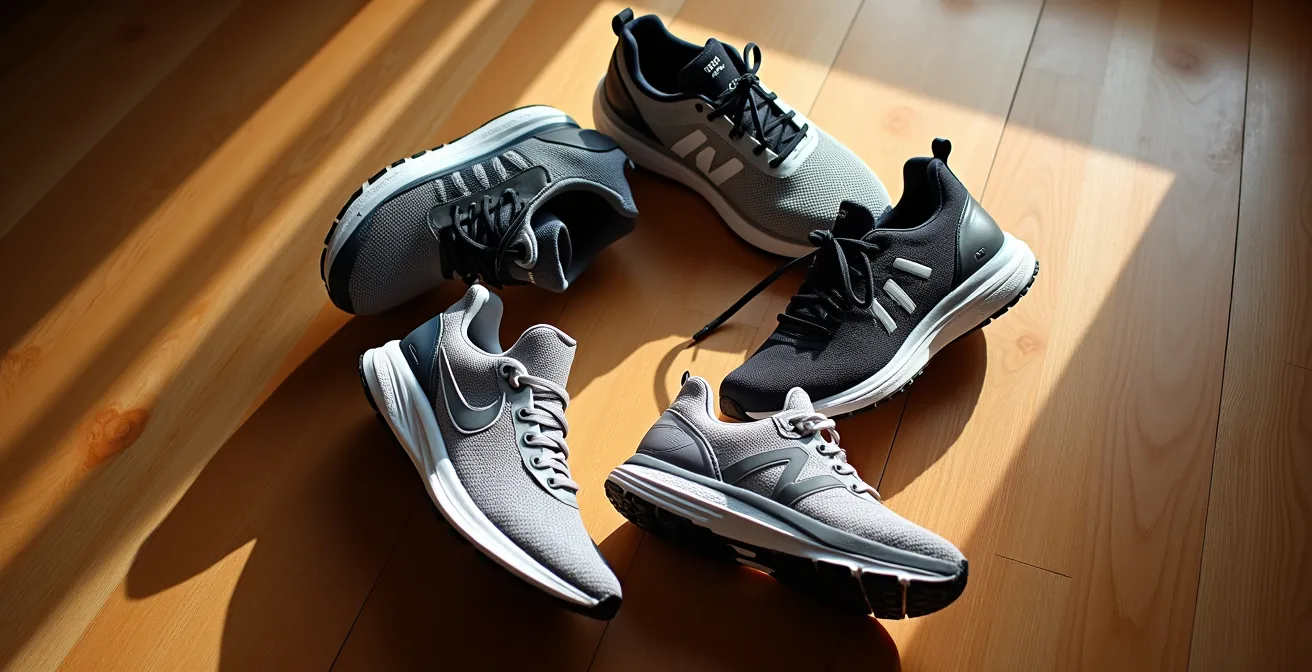 Multiple pairs of running shoes arranged showing rotation system