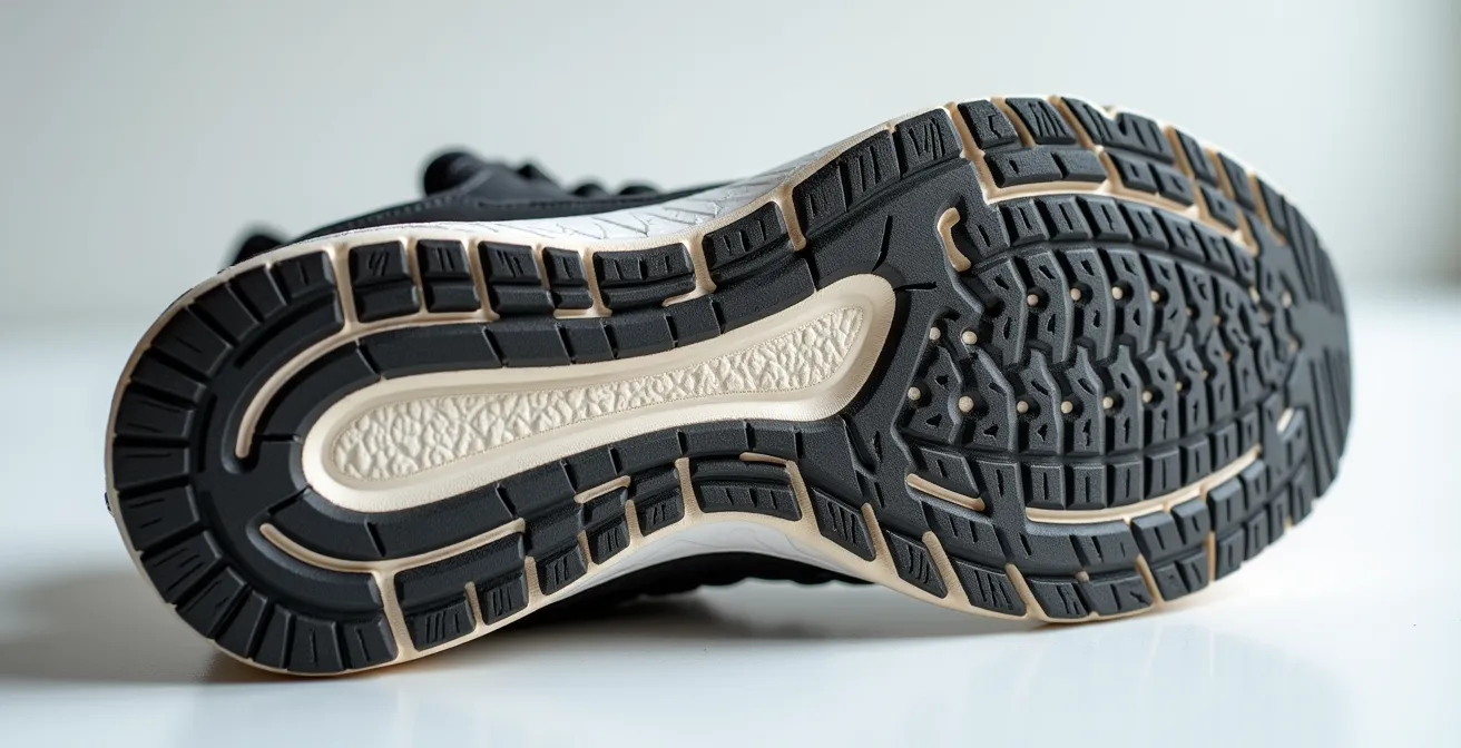 Close-up macro view of running shoe outsole showing different wear patterns