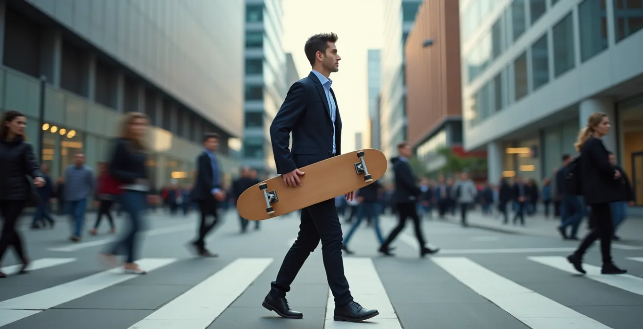 A person in business casual attire carries a skateboard vertically while navigating a crowded urban space, demonstrating strategic dismounting.