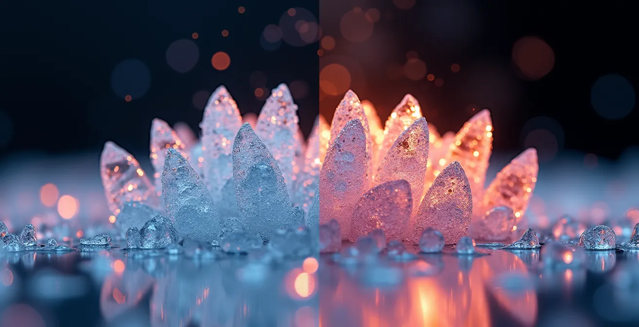 Close-up comparison of sports drink and coconut water molecular structure